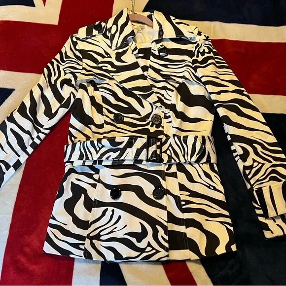 Cache Black and White Zebra Print Trench Coat size large - Picture 1 of 11